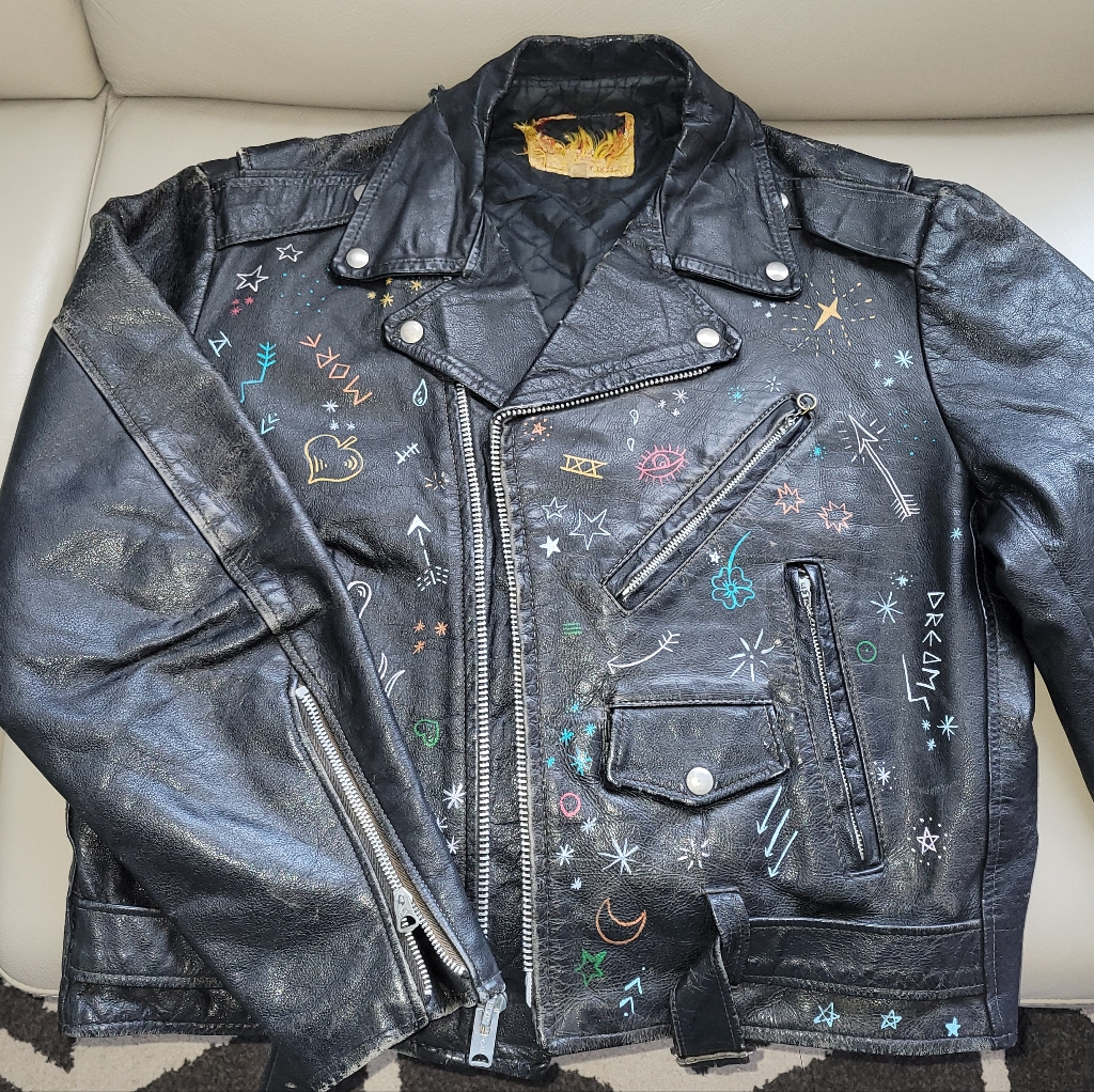 Urban Outfitters Black Leather Jacket With Colorful Artistic Accents
